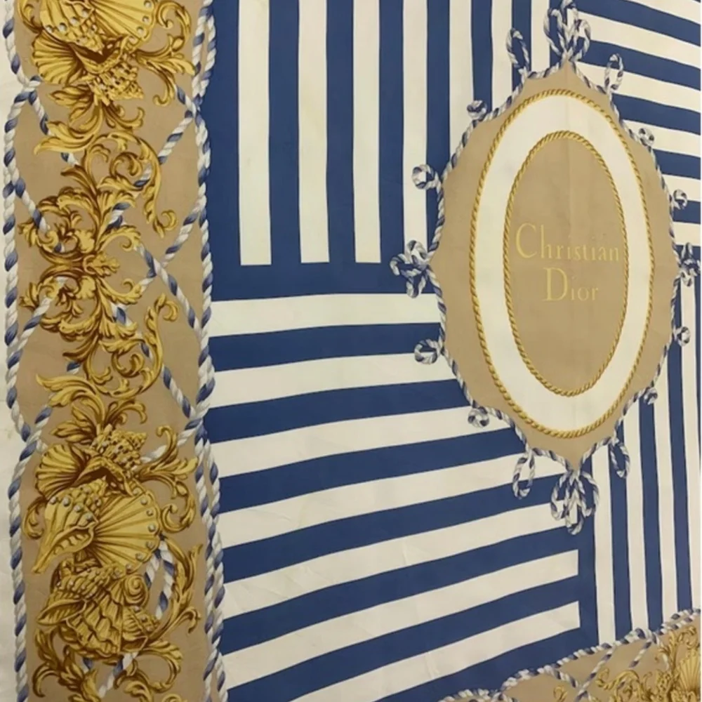 Vintage Christian Dior Beige Blue and Gold Silk Scarf